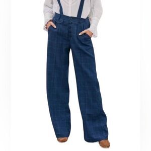 NWOT Sundance Blue Plaid Roseville Suspender Wide Leg Linen Blend Pants Size 16